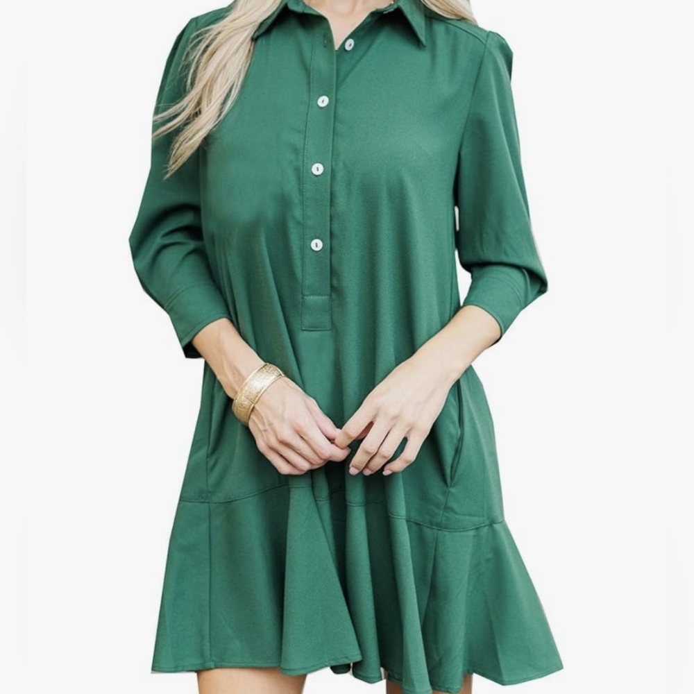 Women's Tunic Mini Shirt ruffle Hem Cotton dress XL Green